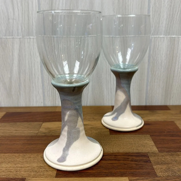 Pottery Stem Wine Glasses Set Ceramic Unique Artsy Goblet MCM Blue Purple - Picture 5 of 5